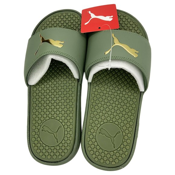 NWT PUMA WOMEN GREEN GOLDEN SLIP ON SLIDES SANDALS - Picture 3 of 4